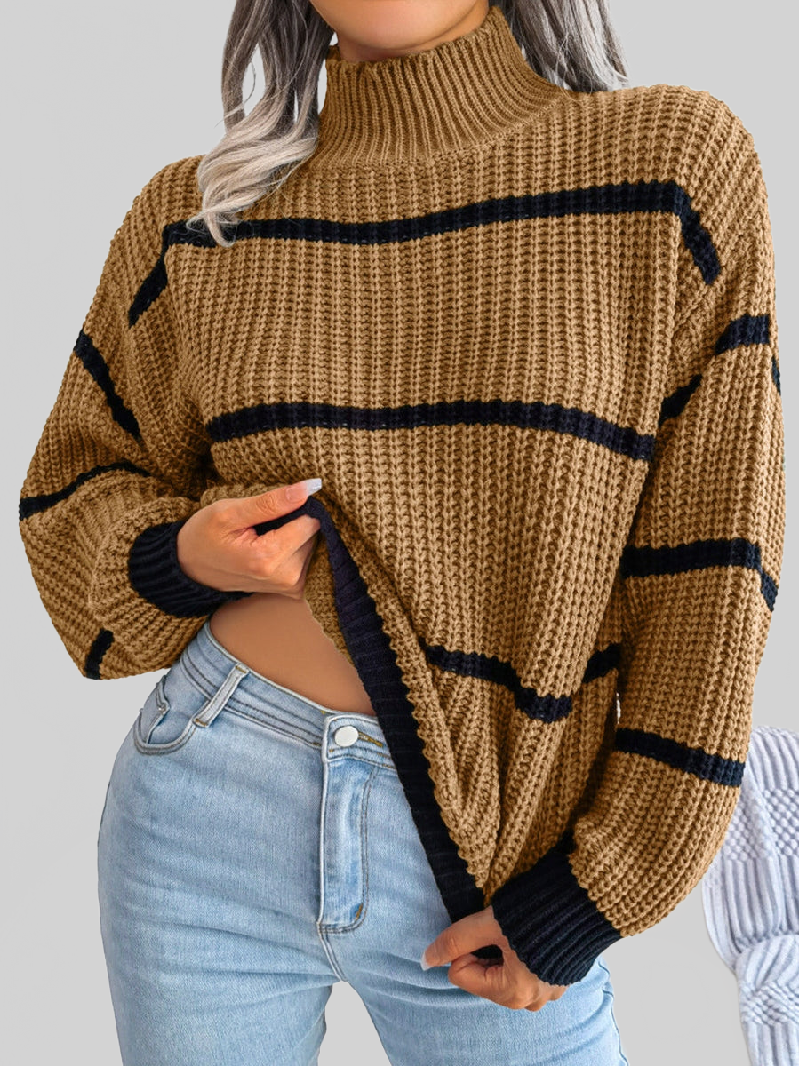 Striped Mock Neck Dropped Shoulder Sweater NicholesGifts