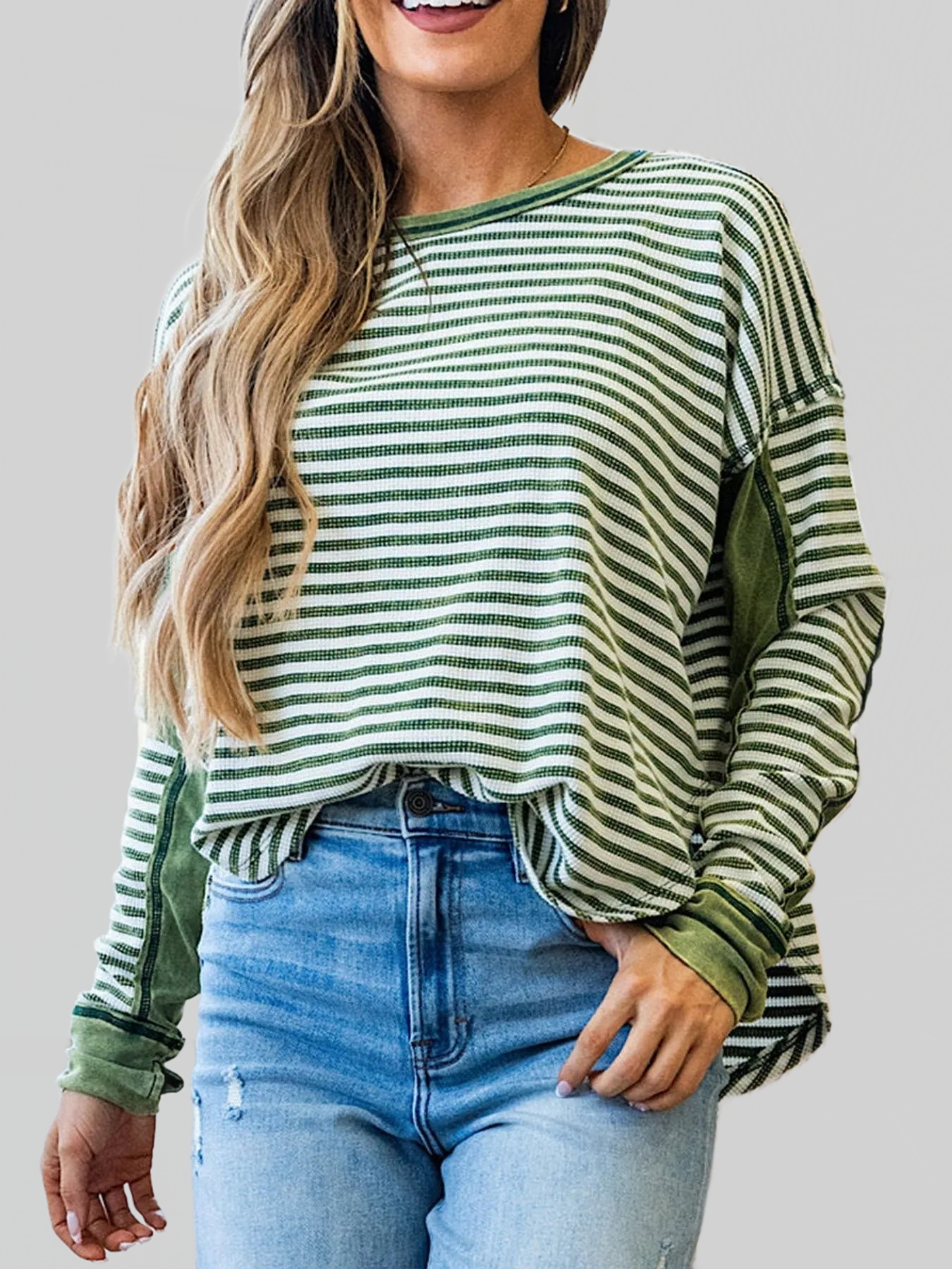 Women Striped Round Neck Long Sleeve Sweatshirt NicholesGifts