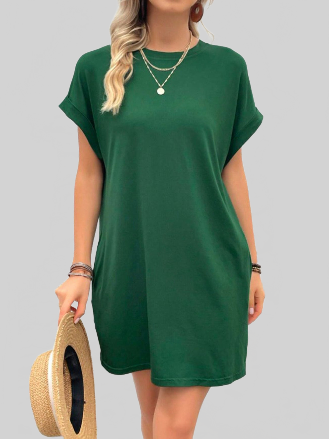 Women Pocketed Round Neck Short Sleeve Dress NicholesGifts
