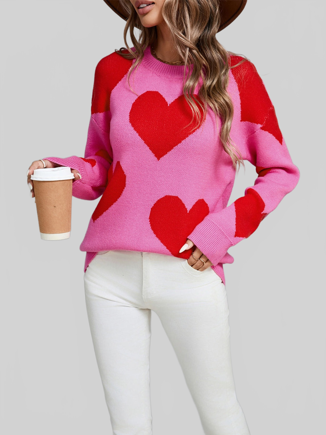Women Angel Wings Contrast Heart Dropped Shoulder Long Sleeve Sweater NicholesGifts