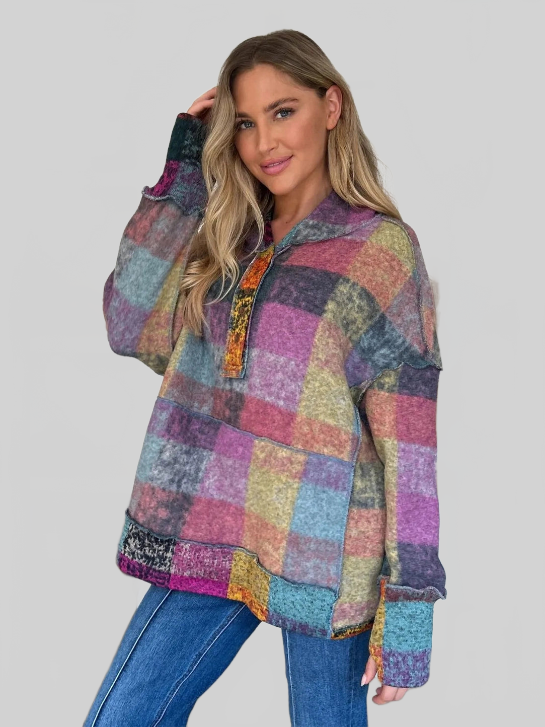 Double Take Full Size Plaid Dropped Shoulder Fleece Hoodie NicholesGifts
