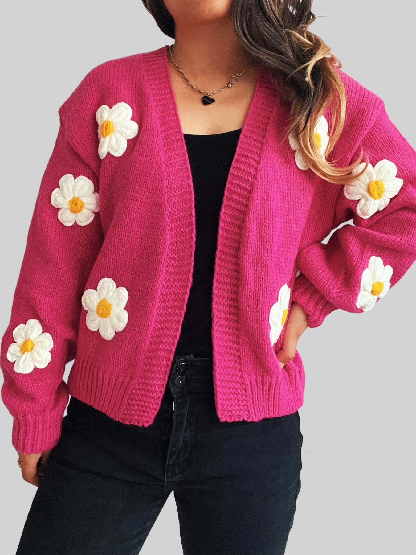 Flower Open Front Long Sleeve Cardigan nicholesgifts