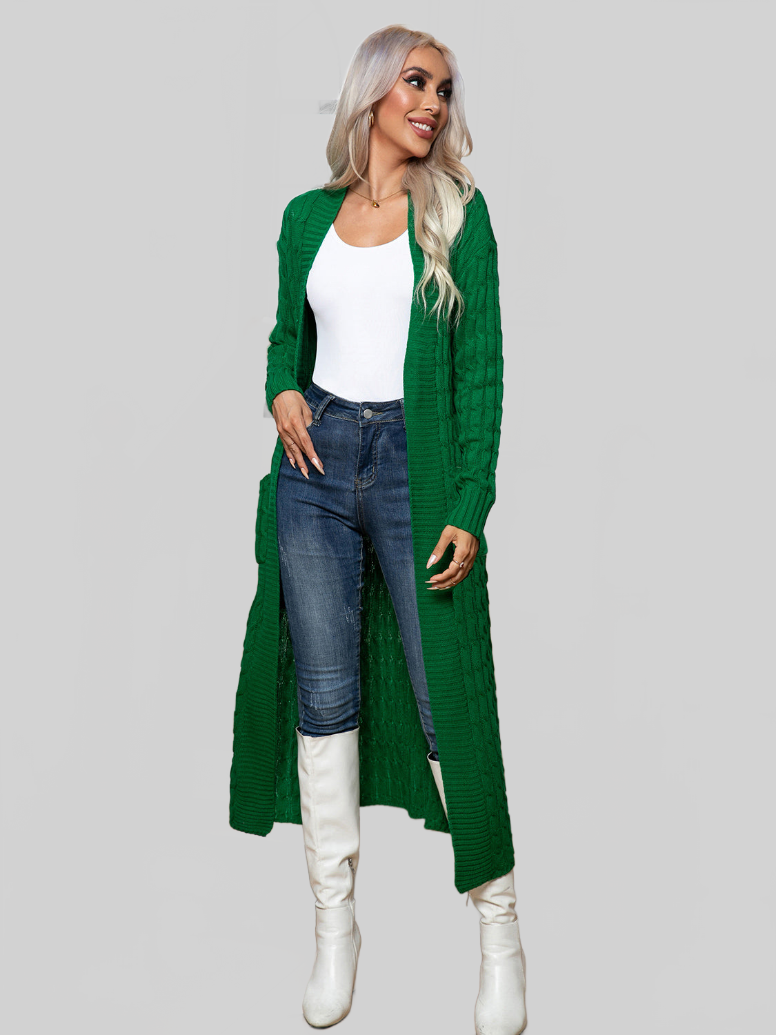 Women Cable-Knit Open Front Cardigan with Pockets nicholesgifts