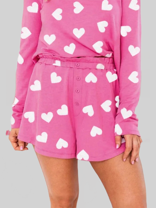 Heart Round Neck Long Sleeve Top and Elastic Waist Shorts Set nicholesgifts