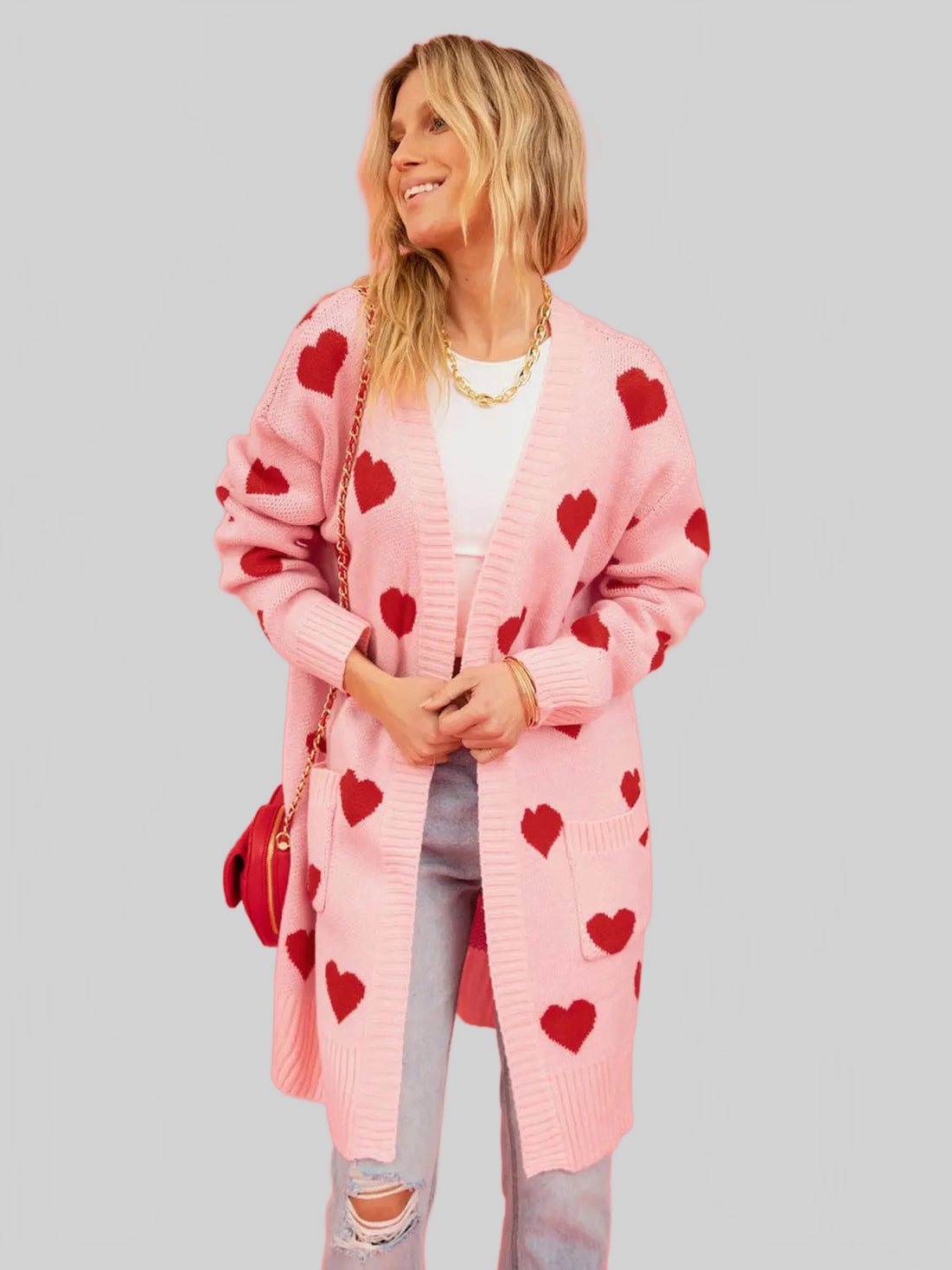 Women Heart Graphic Open Front Cardigan with Pockets nicholesgifts