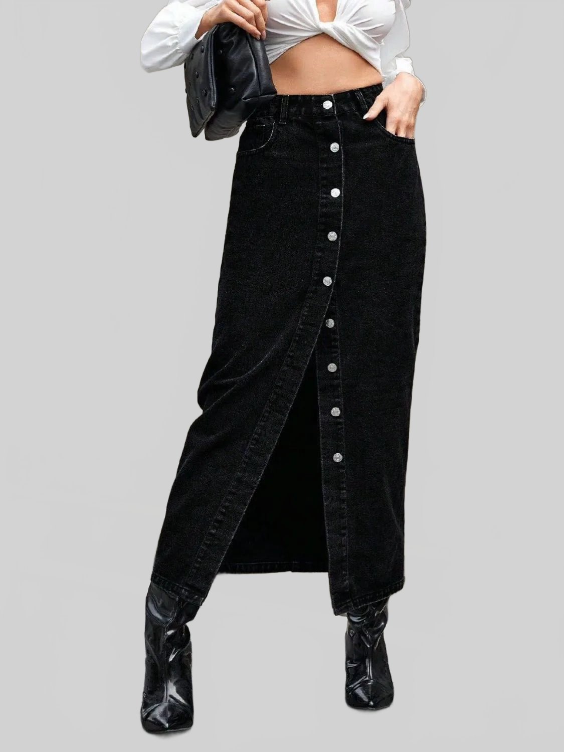 Button Front Denim Skirt nicholesgifts