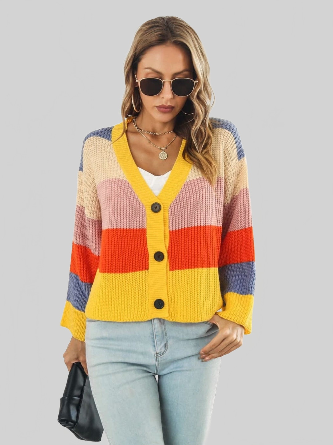 Women Color Block Button-Down Dropped Shoulder Cardigan NicholesGifts