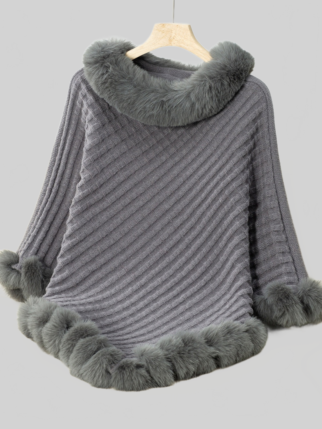 Women Fuzzy Trim Texture Three-Quarter Sleeve Poncho nicholesgifts