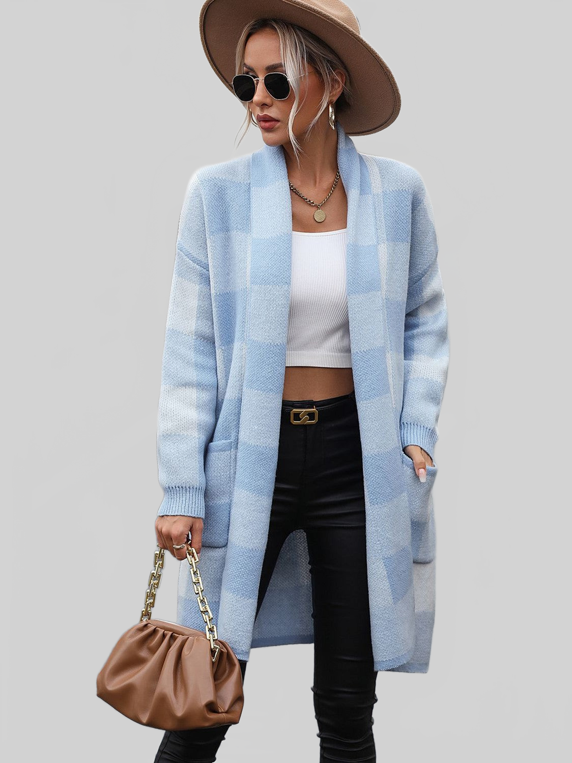 Plaid Dropped Shoulder Cardigan with Pocket nicholesgifts