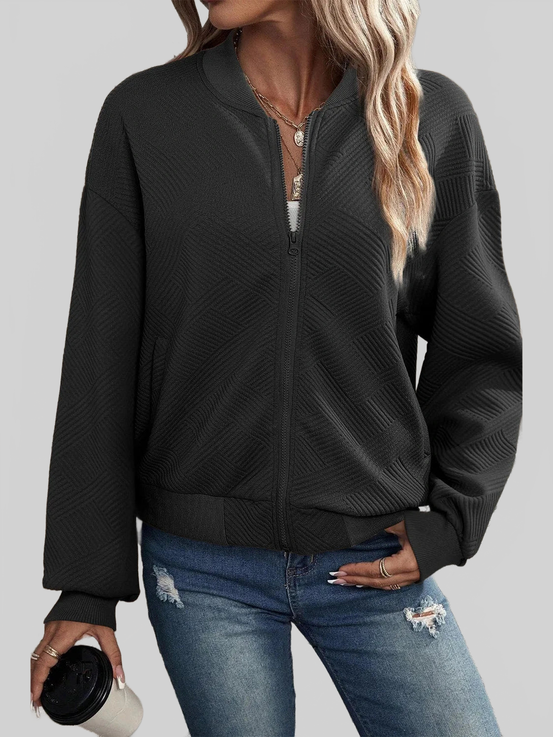 Textured Zip Up Baseball Collar Jacket nicholesgifts