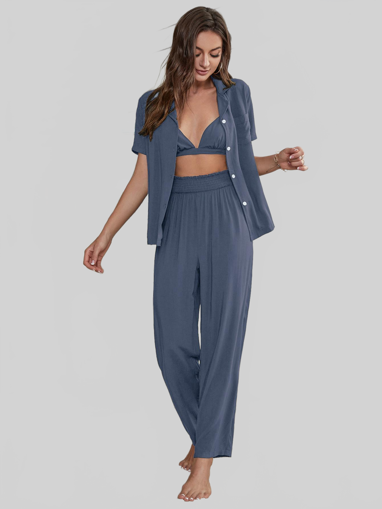 Short Sleeve Shirt, Bralette, and Pants Lounge Set nicholesgifts