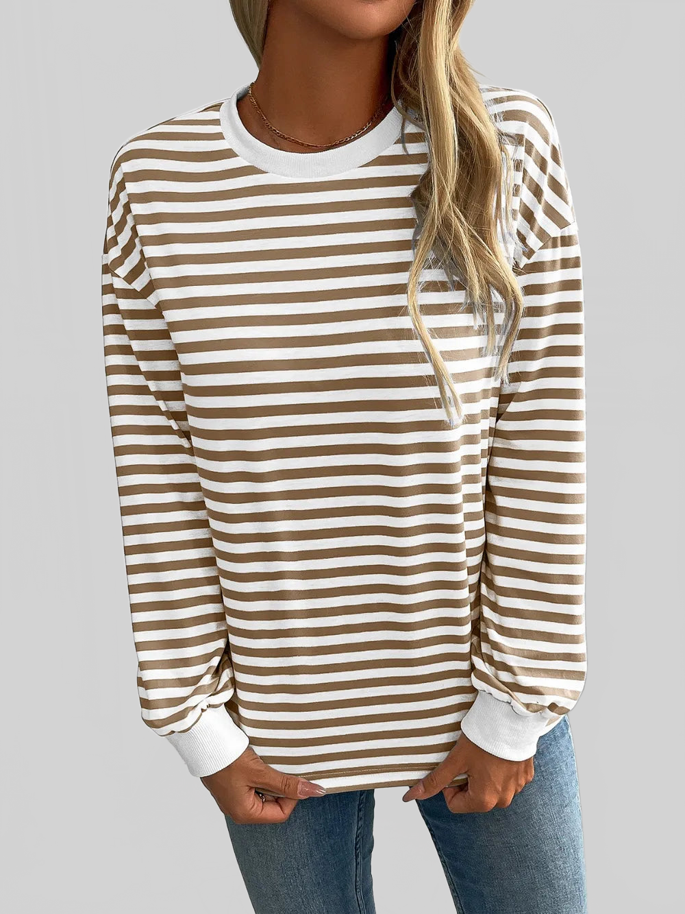 Women Ivy Lane Striped Round Neck Long Sleeve Sweatshirt nicholesgifts