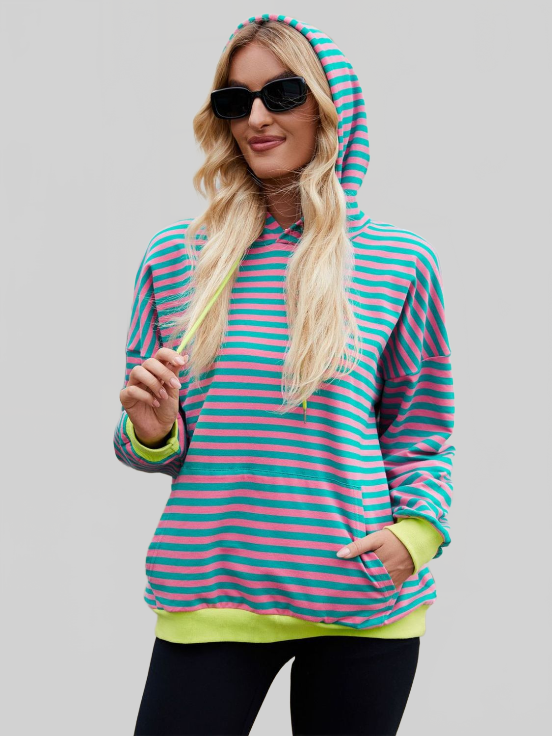 NicholesGifts Women Drawstring Contrast Striped Long Sleeve Hoodie NicholesGifts