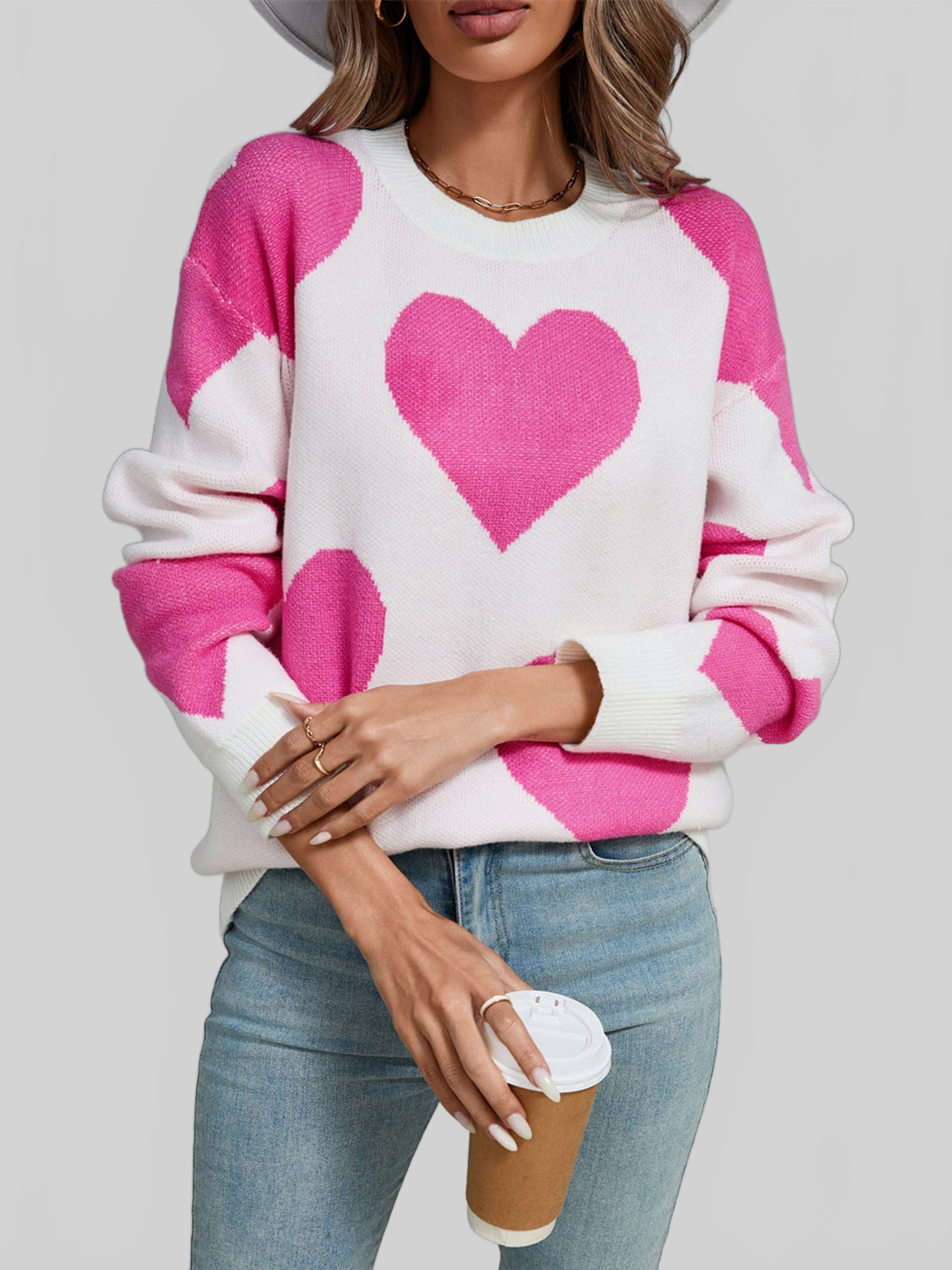 Women Angel Wings Contrast Heart Dropped Shoulder Long Sleeve Sweater NicholesGifts