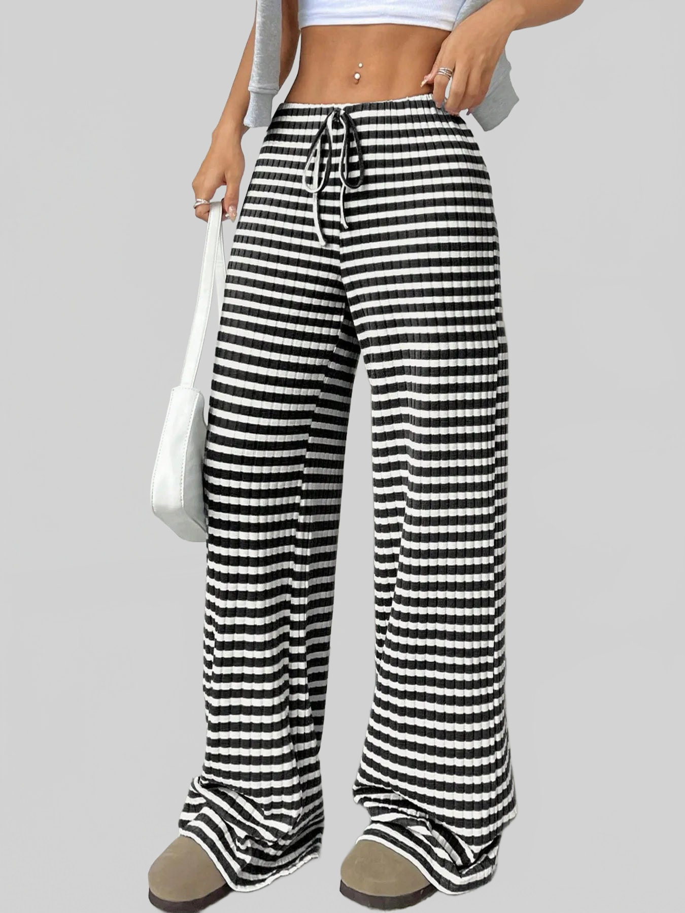 Women Striped Wide Leg Drawstring Pants nicholesgifts