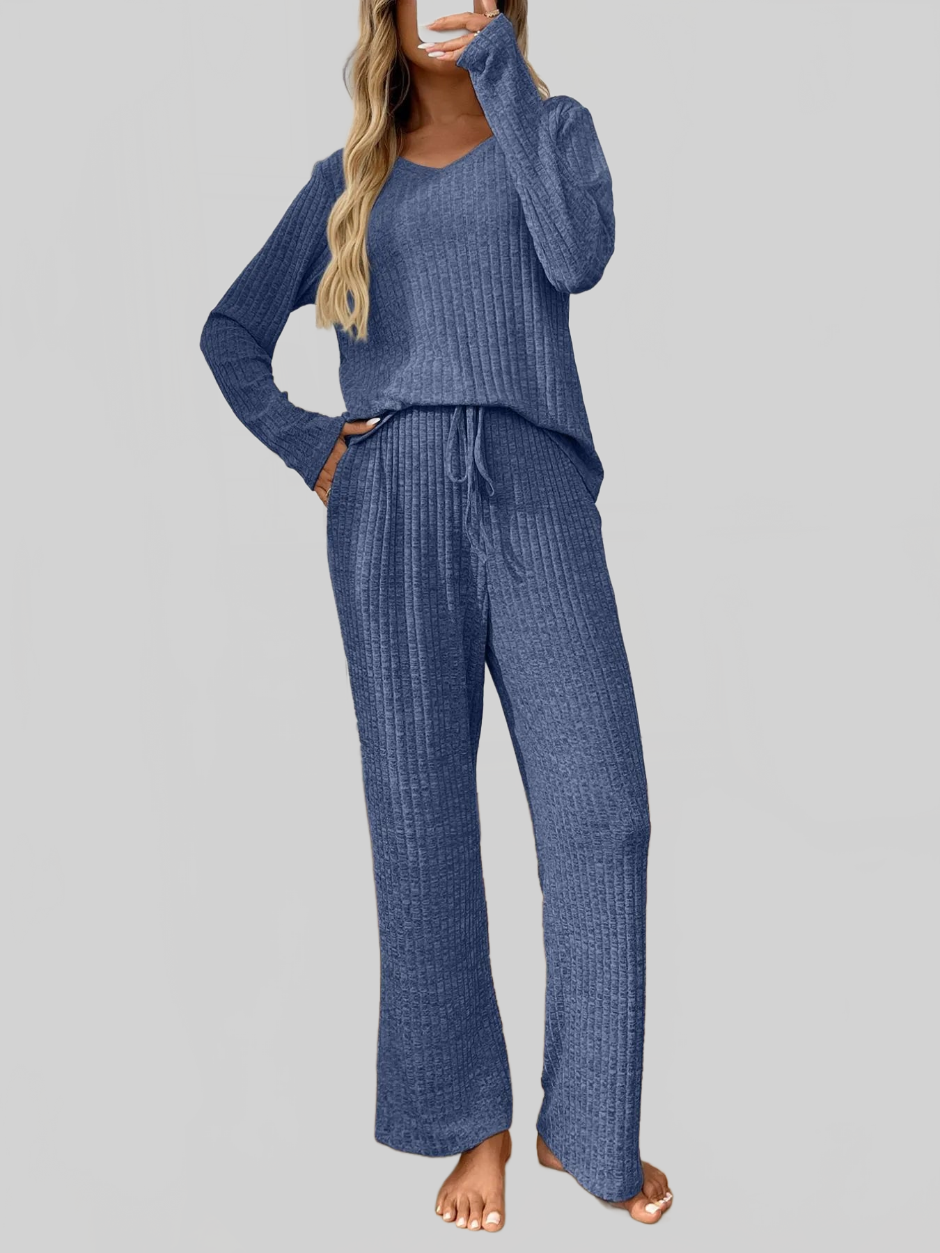 Ribbed Long Sleeve Top and Pants Lounge Set nicholesgifts
