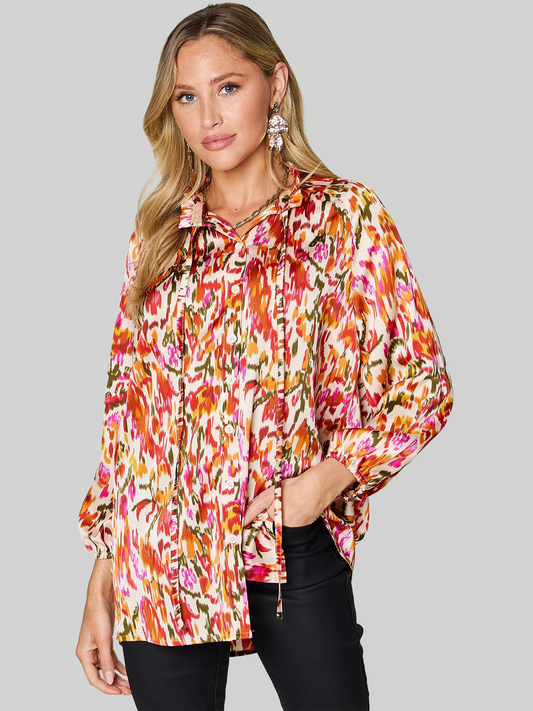 Women Double Take Full Size Printed Button Up Long Sleeve Shirt NicholesGifts