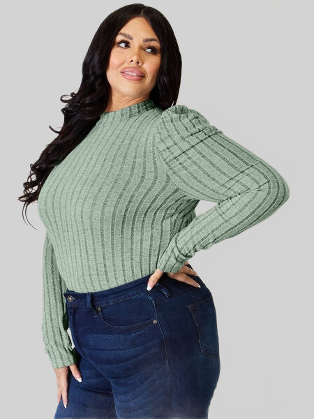 Basic Full Size Ribbed Mock Neck Puff Sleeve T-Shirt nicholesgifts