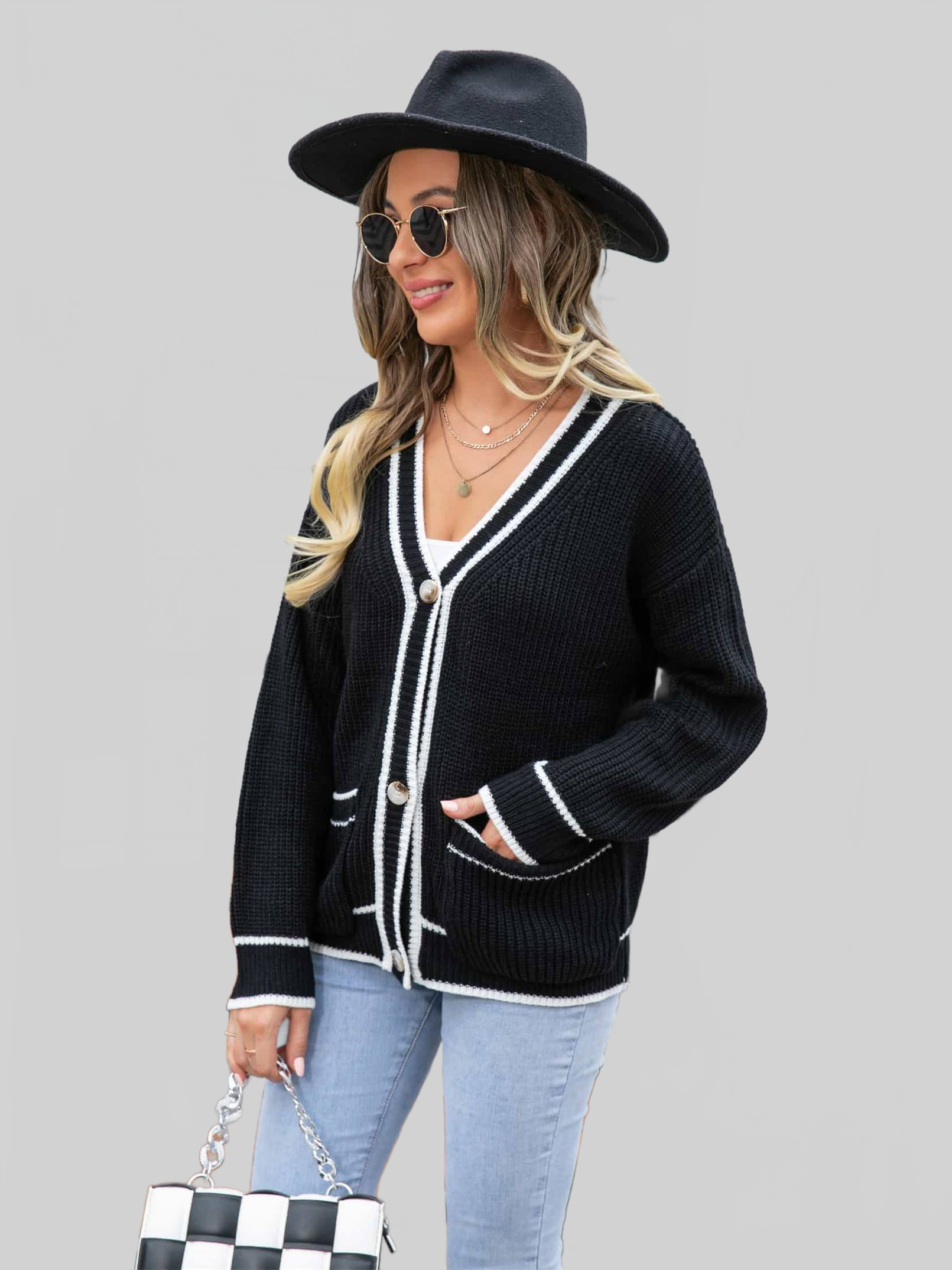 Angel Wings Waffle Knit V-Neck Cardigan with Pocket nicholesgifts