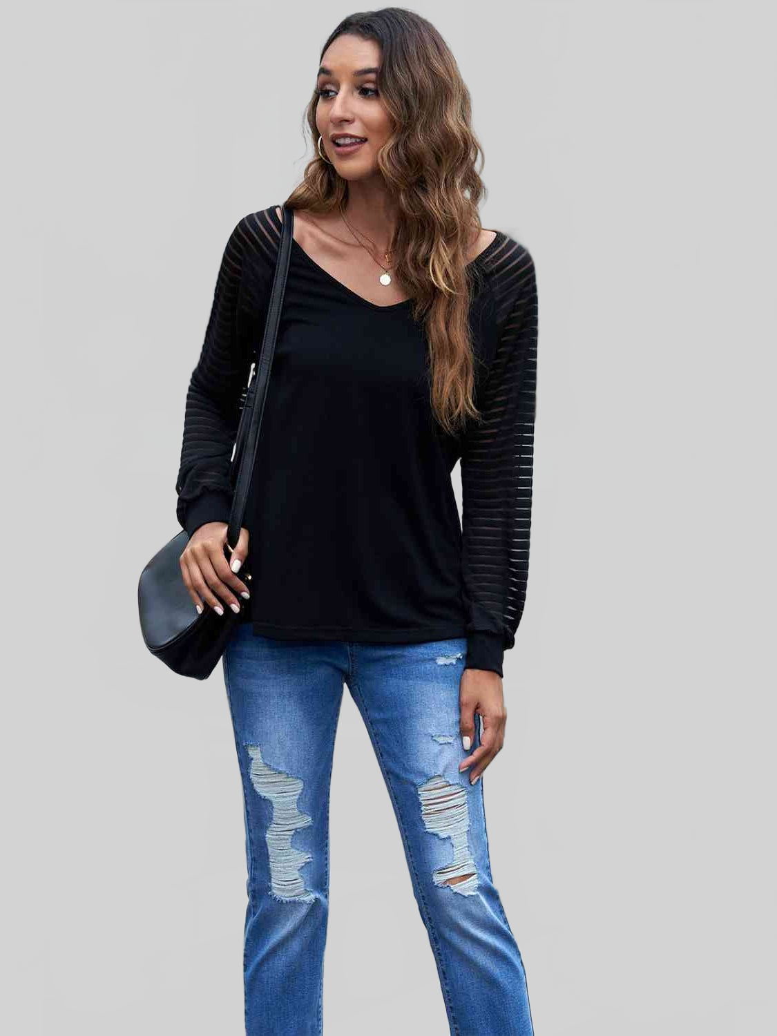 Women Sheer Striped V-Neck Top NicholesGifts