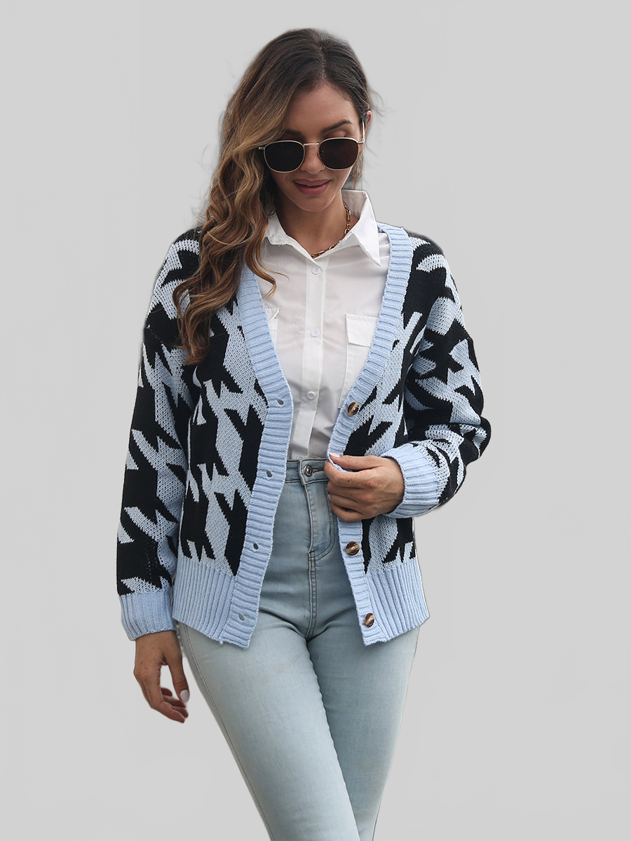 Women Houndstooth Button Down Cardigan nicholesgifts