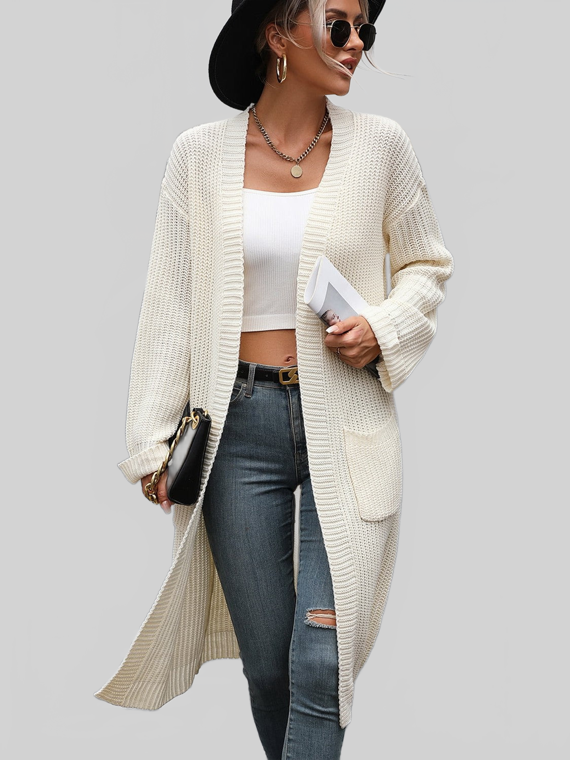 Dropped Shoulder Long Sleeve Cardigan with Pocket nicholesgifts