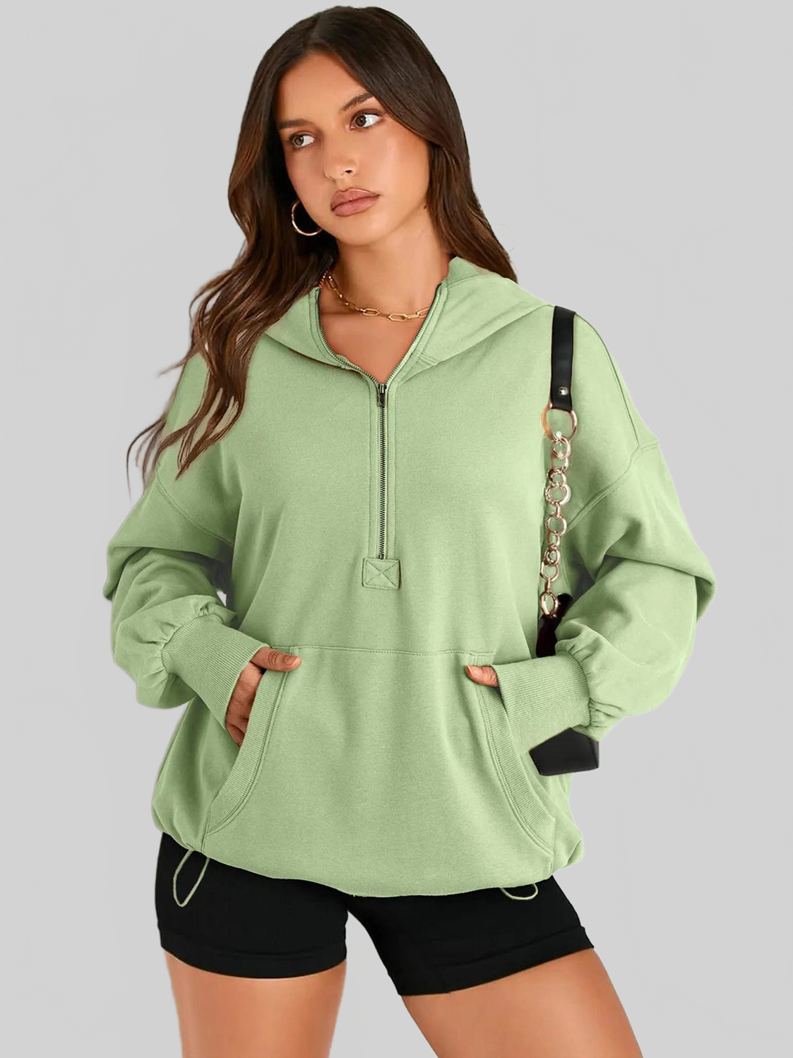 Pocketed Half Zip Long Sleeve Hoodie NicholesGifts