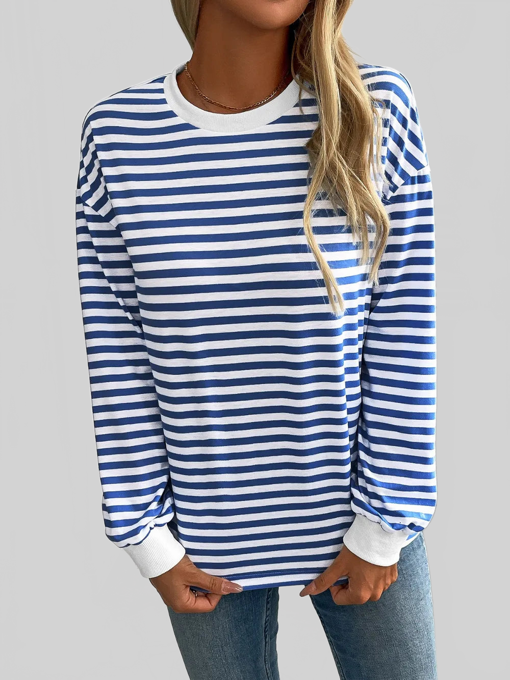 Women Ivy Lane Striped Round Neck Long Sleeve Sweatshirt nicholesgifts