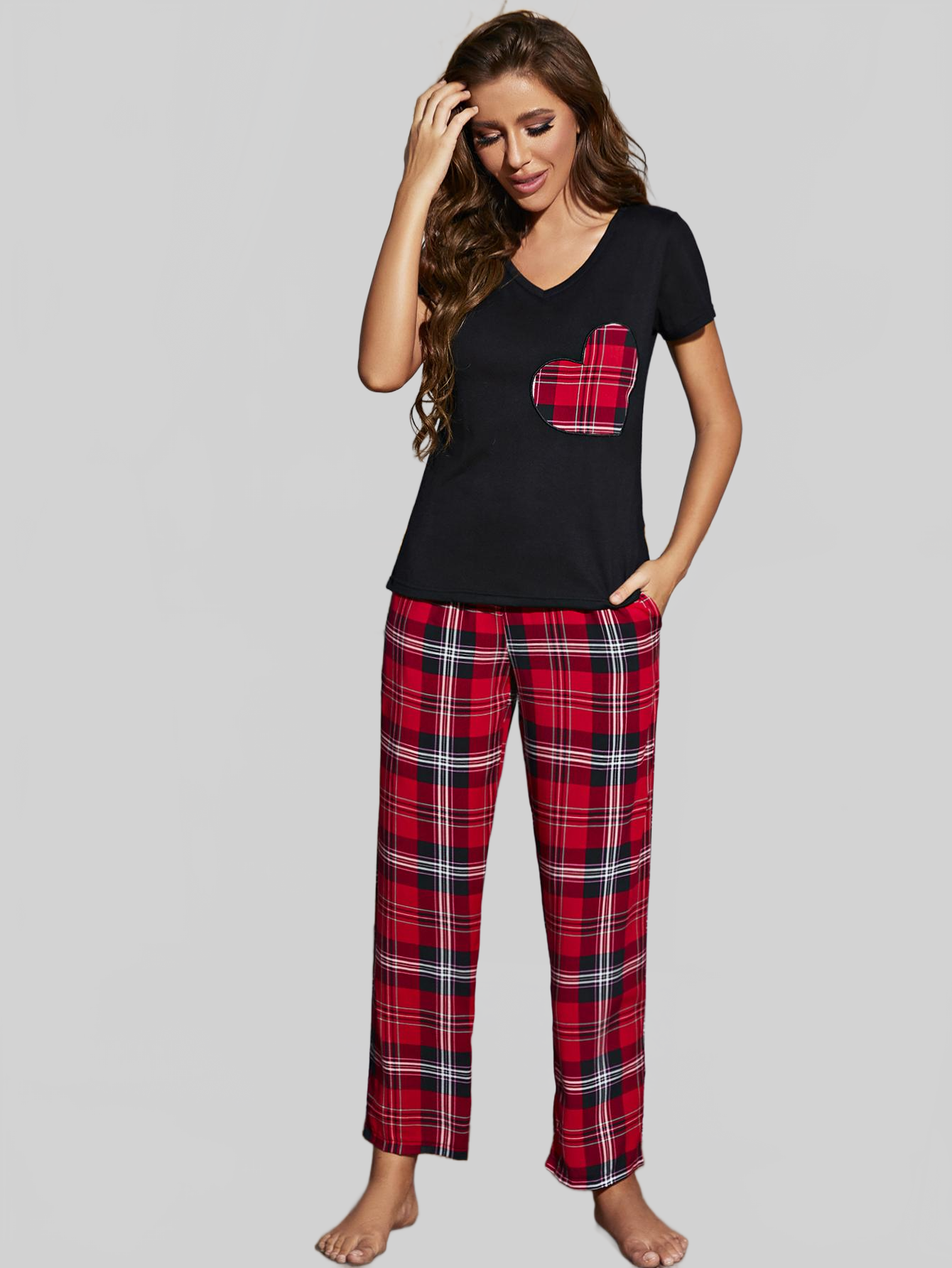 Heart Graphic V-Neck Top and Plaid Pants Lounge Set nicholesgifts