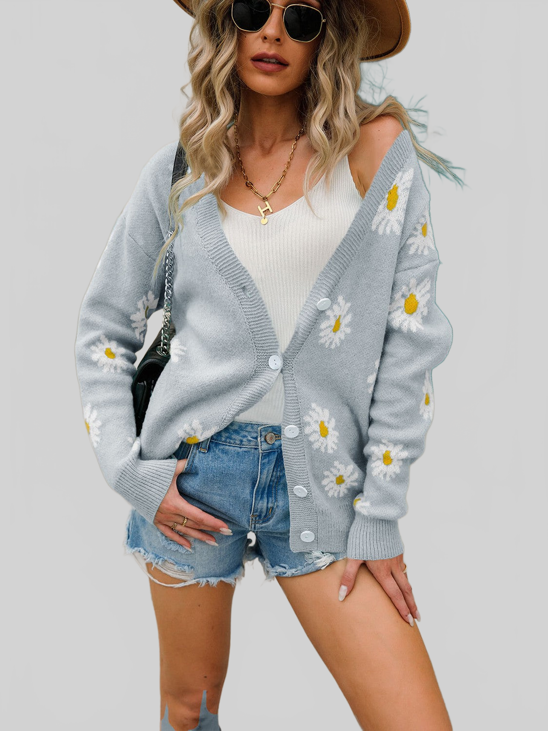 Angel Wings Daisy Pattern Button Front Cardigan nicholesgifts