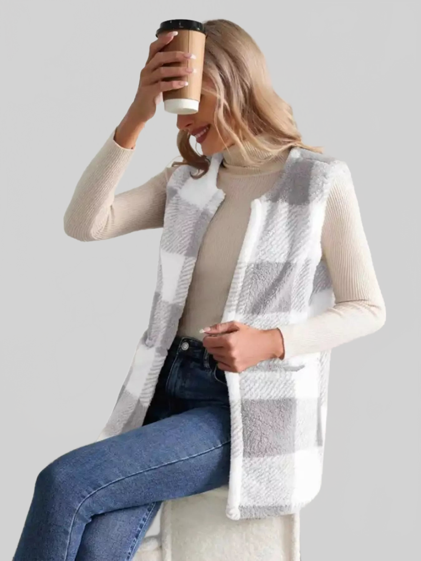 Women Cozy Plaid Sherpa Vest Coat nicholesgifts