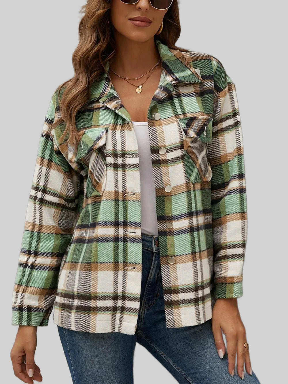 Plaid Collared Neck Long Sleeve Jacket NicholesGifts