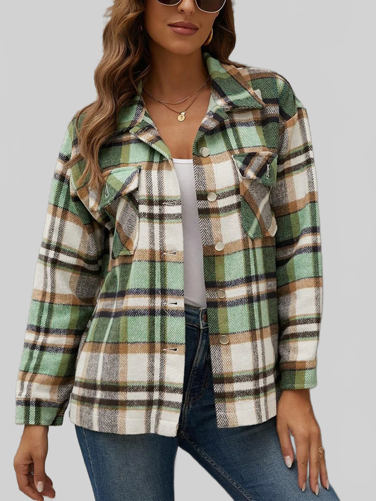 Plaid Collared Neck Long Sleeve Jacket NicholesGifts