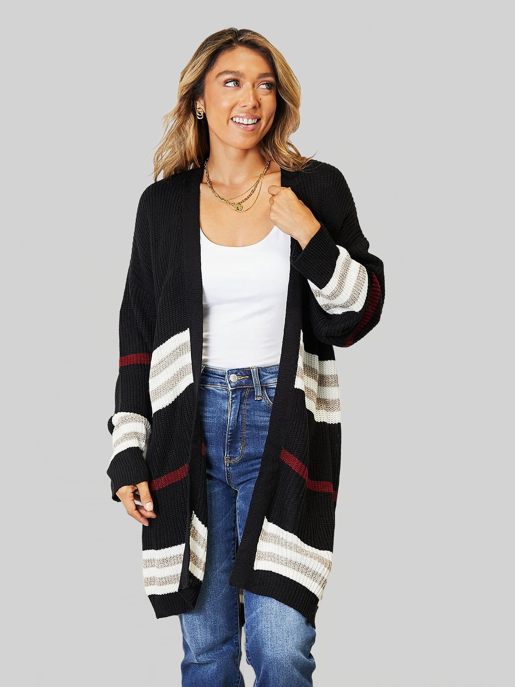 Women Perfee Striped Rib-Knit Drop Shoulder Open Front Cardigan nicholesgifts