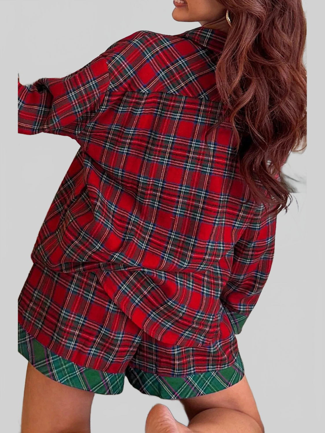 Plaid Contrast Patched Christmas Holiday Long Sleeve Shirt and Short 2pcs Pajama Set nicholesgifts
