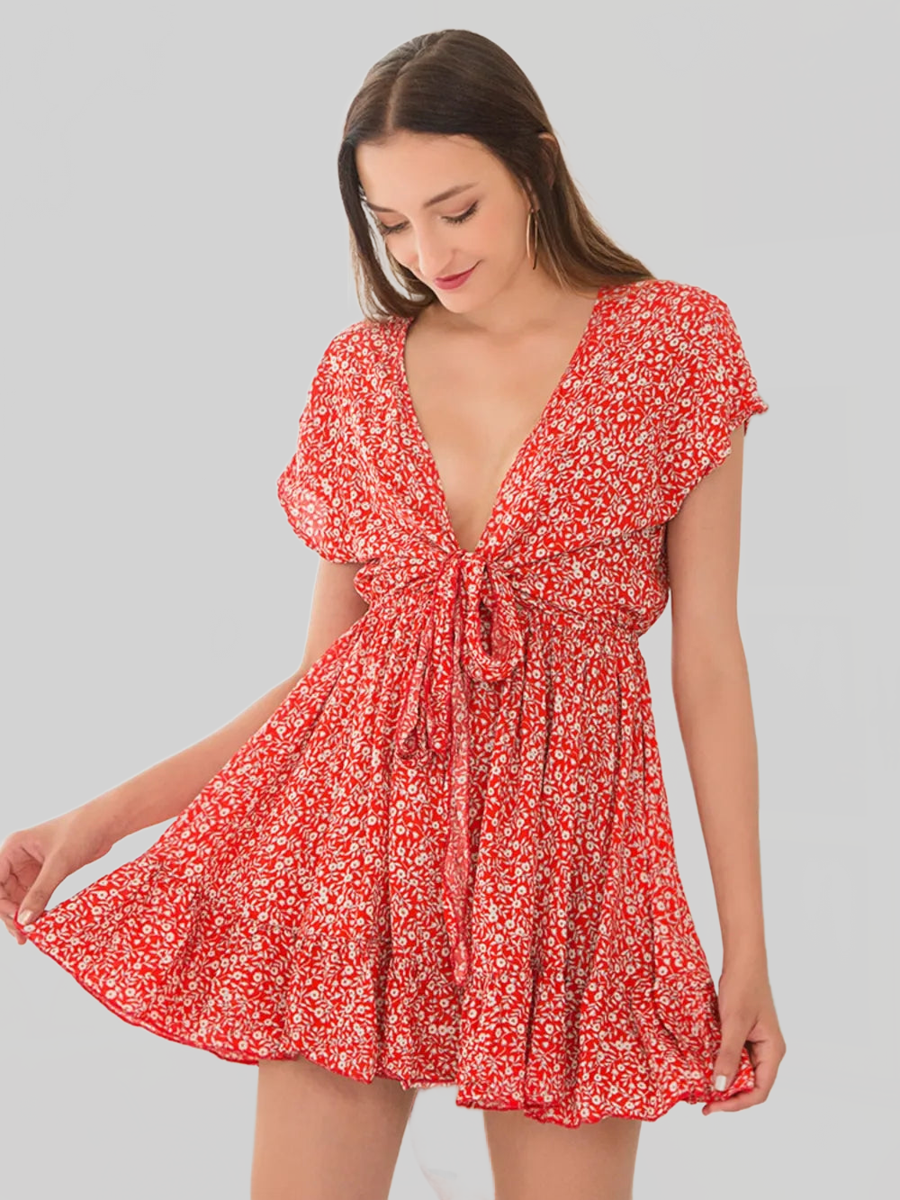 Ivy Lane Tied Floral V-Neck Cap Sleeve Dress nicholesgifts