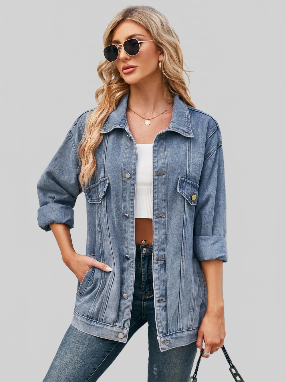 Button Up Long Sleeve Denim Jacket nicholesgifts