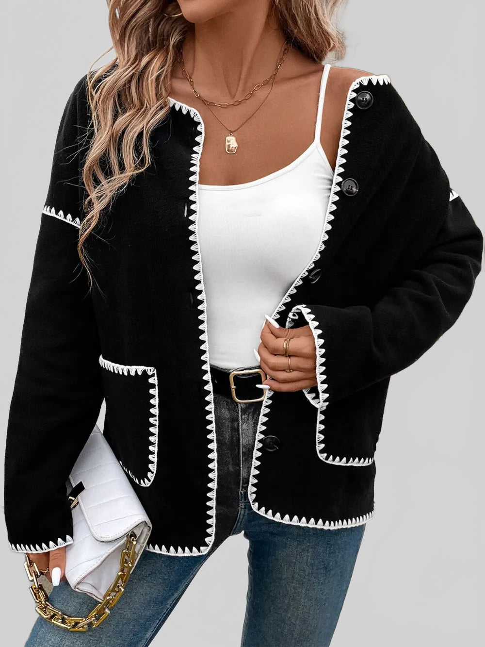 Perfee Pocketed Contrast Button Up Jacket nicholesgifts