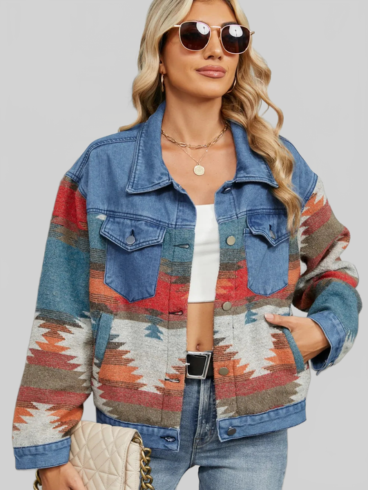 Geometric Button Up Long Sleeve Denim Jacket nicholesgifts