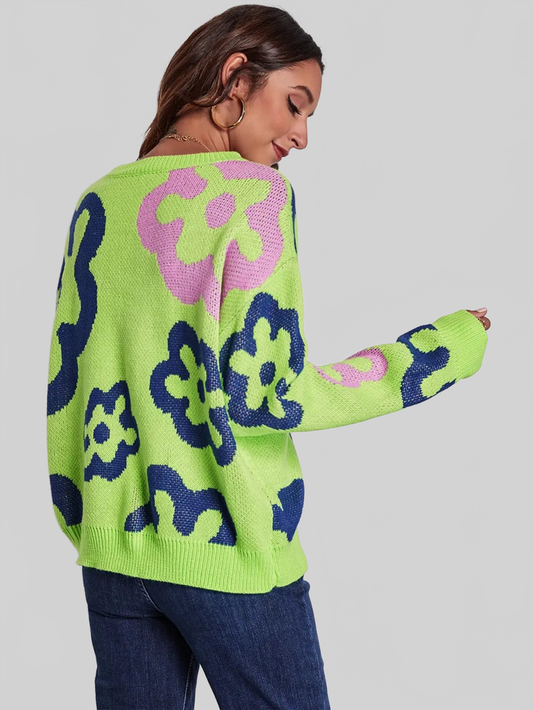Flower Pattern Round Neck Long Sleeve Sweater nicholesgifts