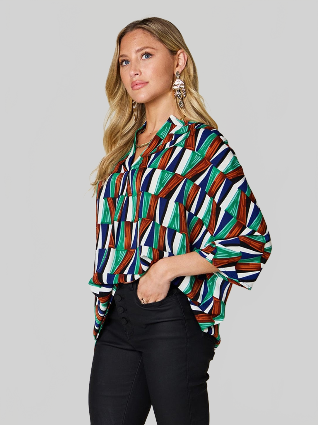 Women Double Take Full Size Geometric Notched Dolman Sleeve Top nicholesgifts