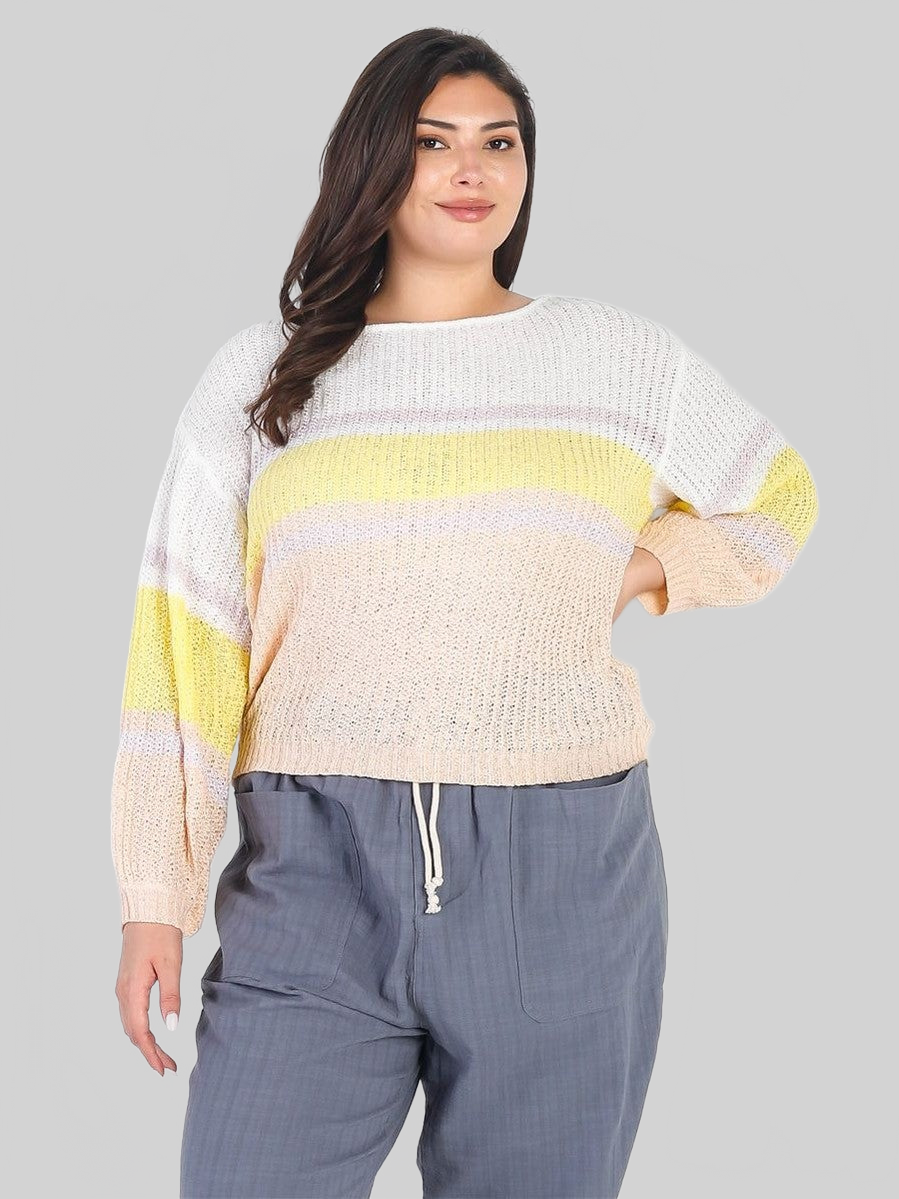 Plus Size Women White & Lemon Knit Stripe Long Sleeve Top nicholesgifts