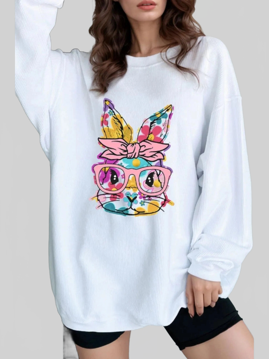 Bunny Graphic Round Neck Sweatshirt Trendsi