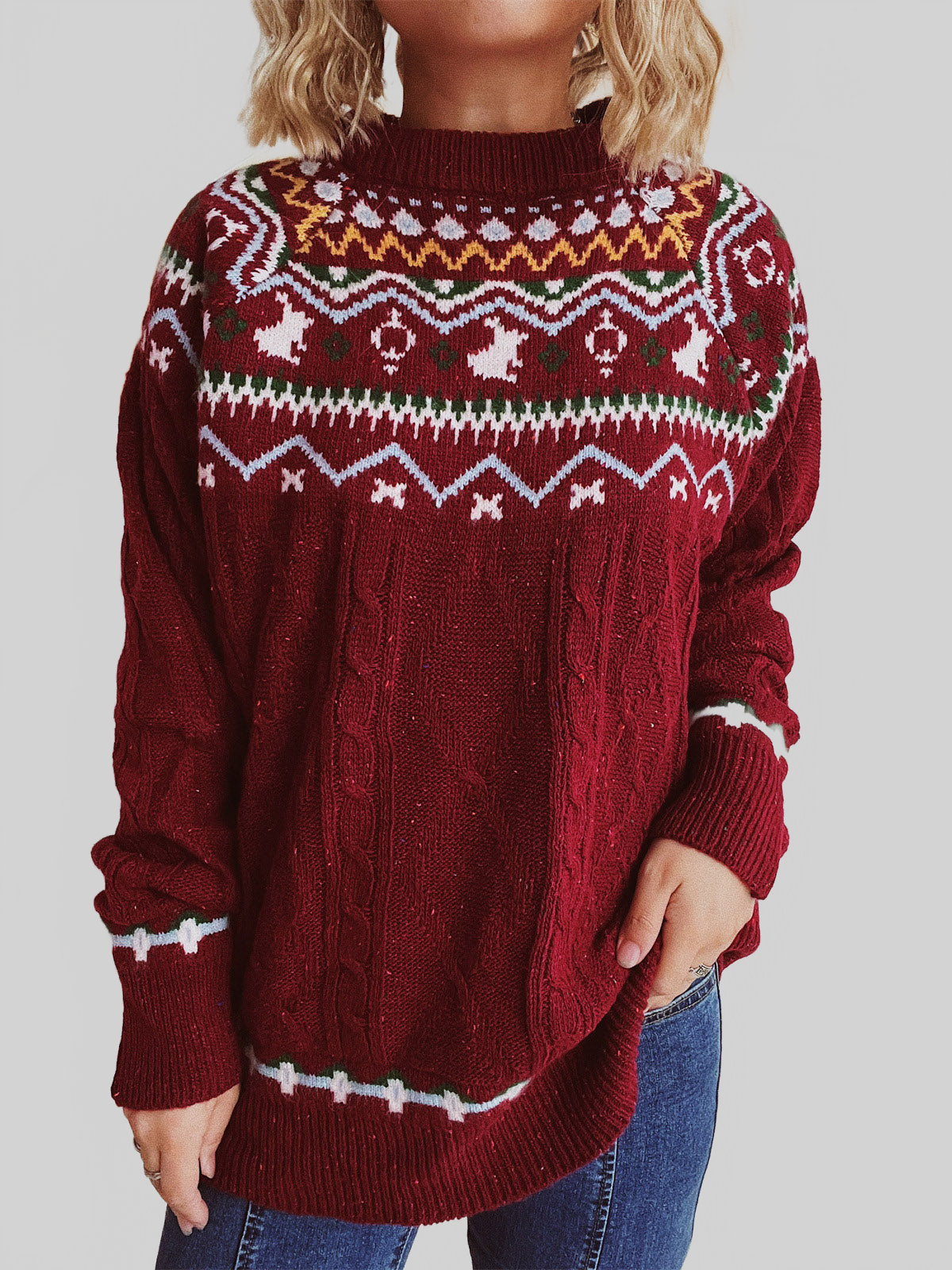 Women Cable-Knit Mock Neck Long Sleeve Sweater nicholesgifts