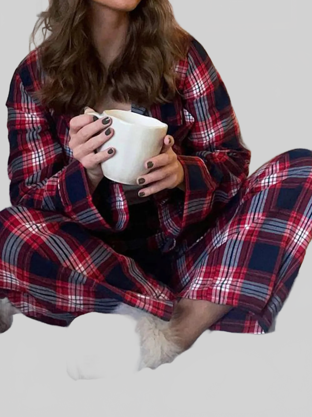 Plaid Collared Neck Button Up Top and Pants Lounge Set nicholesgifts