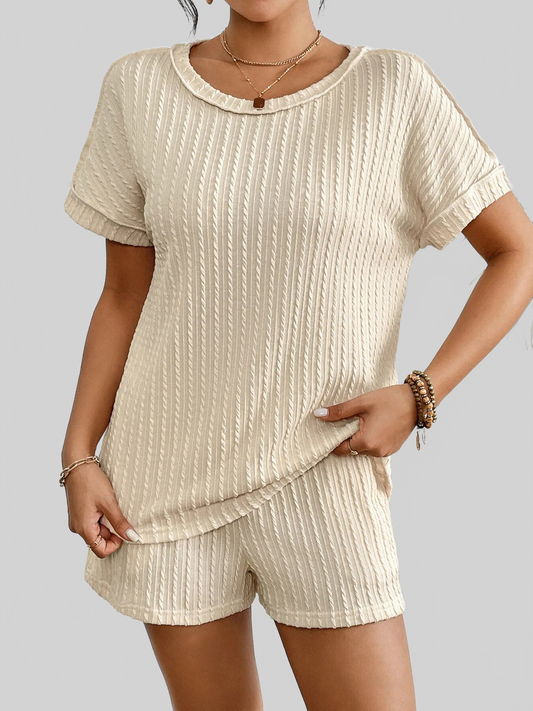Texture Round Neck Top and Shorts Lounge Set nicholesgifts