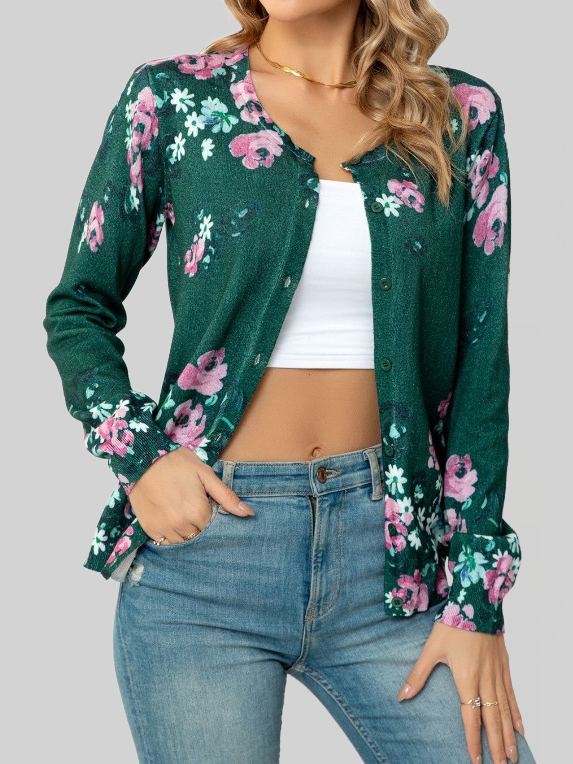 Woven Right Floral Button Front Round Neck Cardigan nicholesgifts