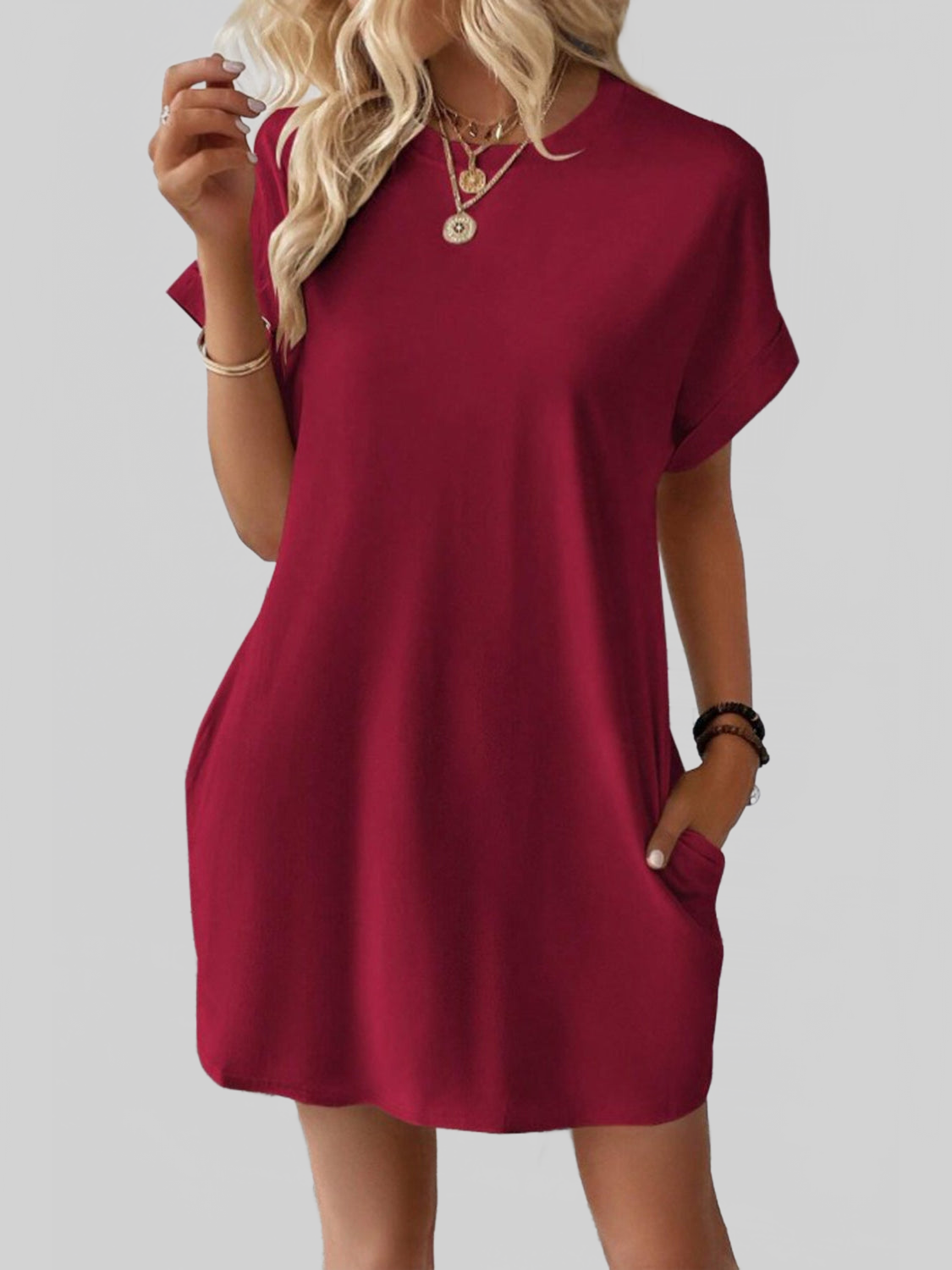 Women Pocketed Round Neck Short Sleeve Dress NicholesGifts