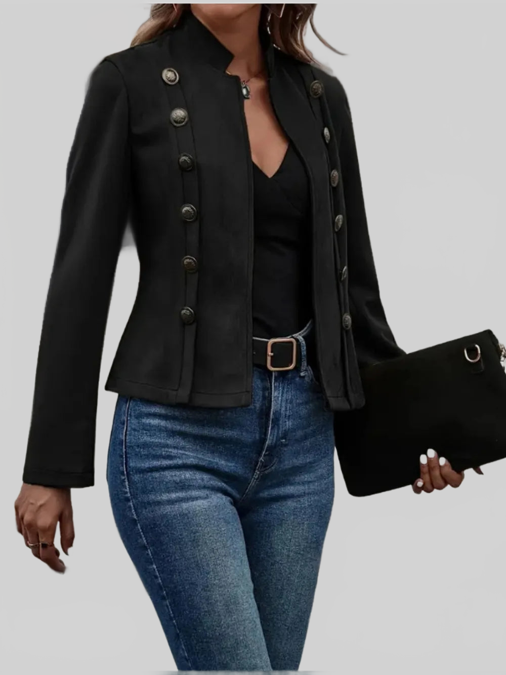 Decorative Button Open Front Long Sleeve Jacket nicholesgifts