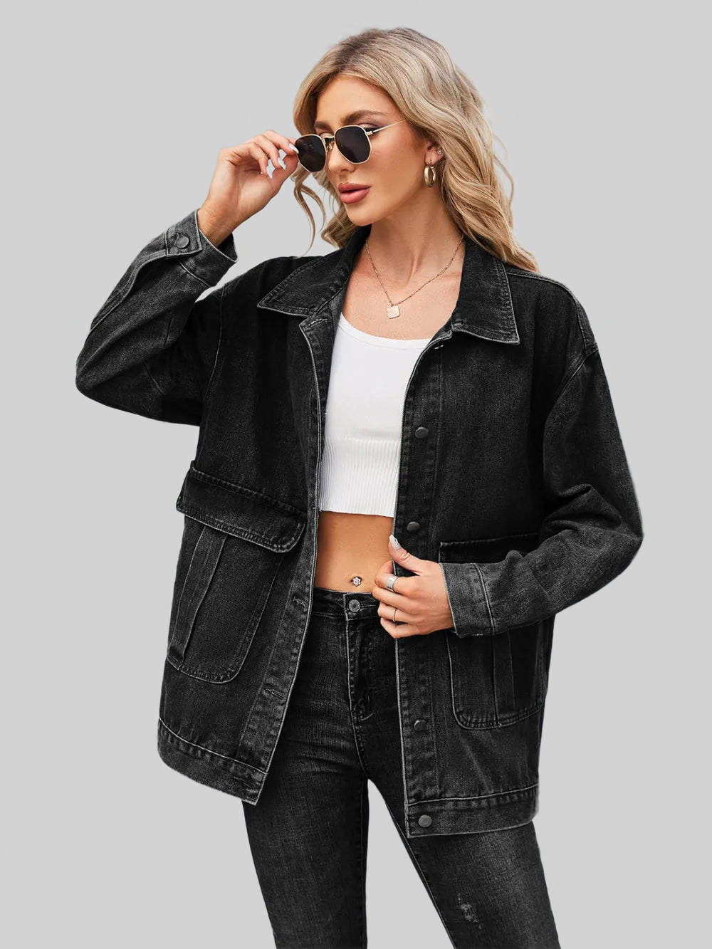 Button Up Long Sleeve Denim Jacket nicholesgifts